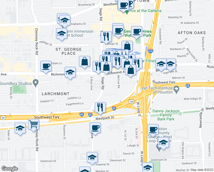 map of restaurants, bars, coffee shops, grocery stores, and more near 3505 Sage Road in Houston