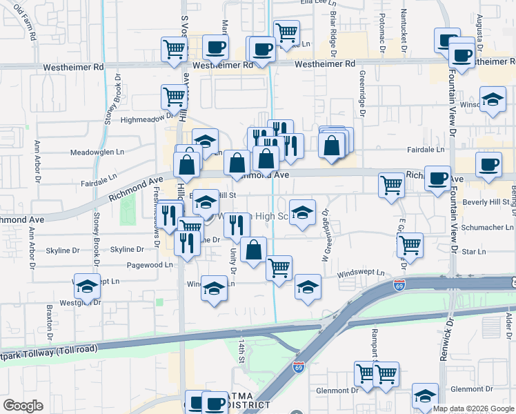 map of restaurants, bars, coffee shops, grocery stores, and more near 6363 Beverly Hill Street in Houston