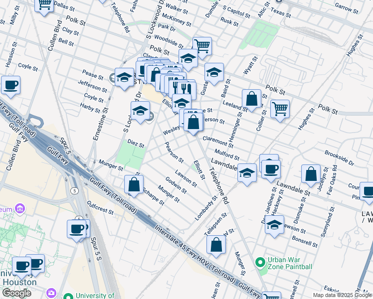 map of restaurants, bars, coffee shops, grocery stores, and more near 1406 Elliott Street in Houston