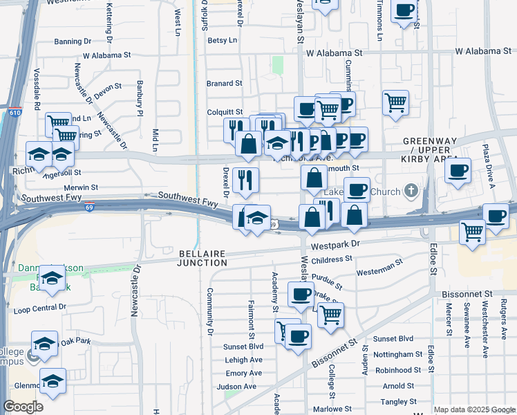 map of restaurants, bars, coffee shops, grocery stores, and more near 4120 Southwest Freeway in Houston