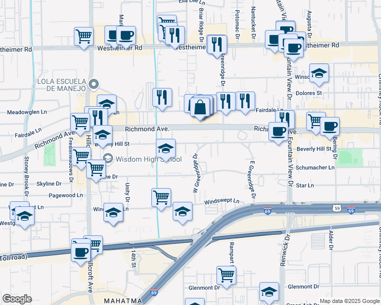 map of restaurants, bars, coffee shops, grocery stores, and more near 6305 Beverly Hill Street in Houston