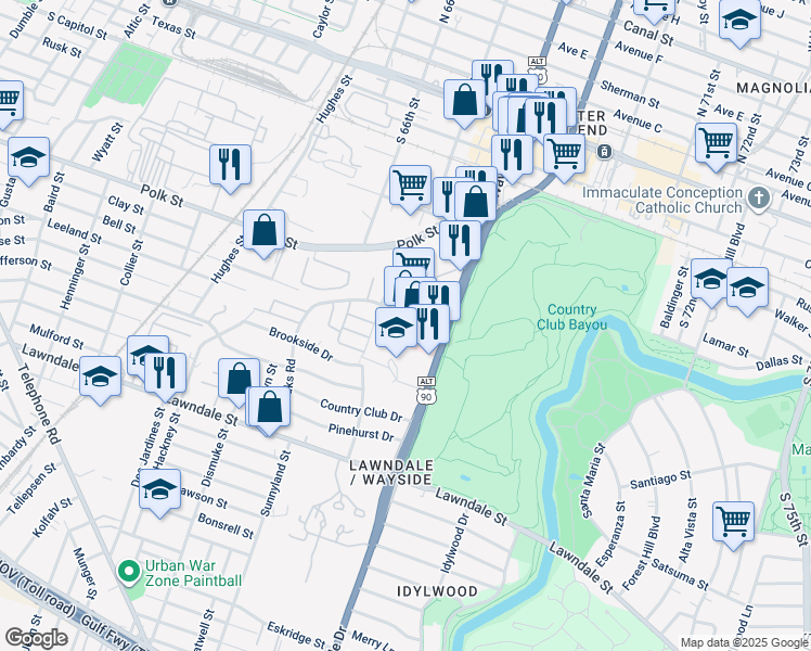 map of restaurants, bars, coffee shops, grocery stores, and more near 6520 Jamail Drive in Houston