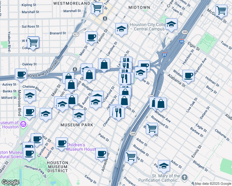 map of restaurants, bars, coffee shops, grocery stores, and more near 1615 Rosewood Street in Houston