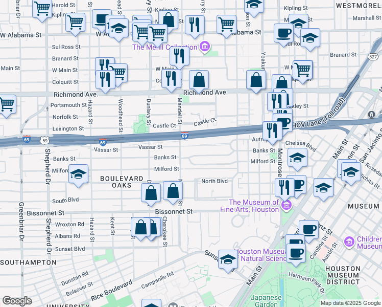 map of restaurants, bars, coffee shops, grocery stores, and more near 1520 Banks Street in Houston