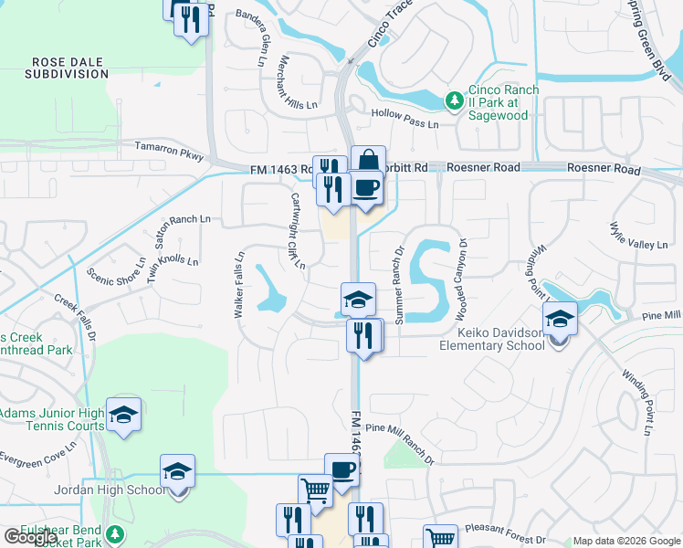map of restaurants, bars, coffee shops, grocery stores, and more near 27507 Wade Springs Court in Fulshear
