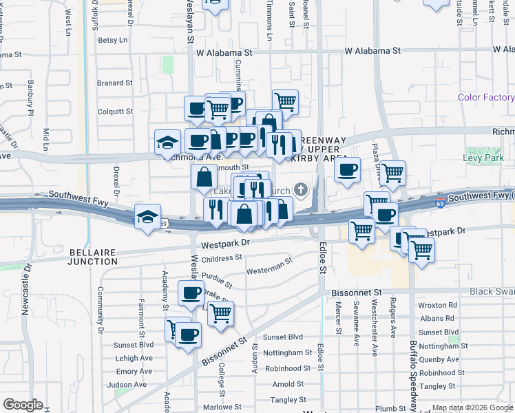 map of restaurants, bars, coffee shops, grocery stores, and more near 3800 Southwest Freeway in Houston