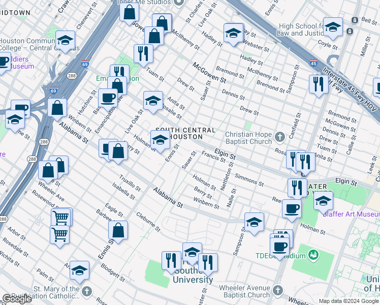 map of restaurants, bars, coffee shops, grocery stores, and more near 3026 Francis Street in Houston