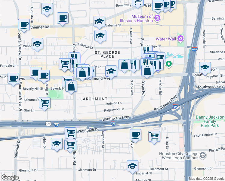 map of restaurants, bars, coffee shops, grocery stores, and more near 5331 Beverly Hill Street in Houston