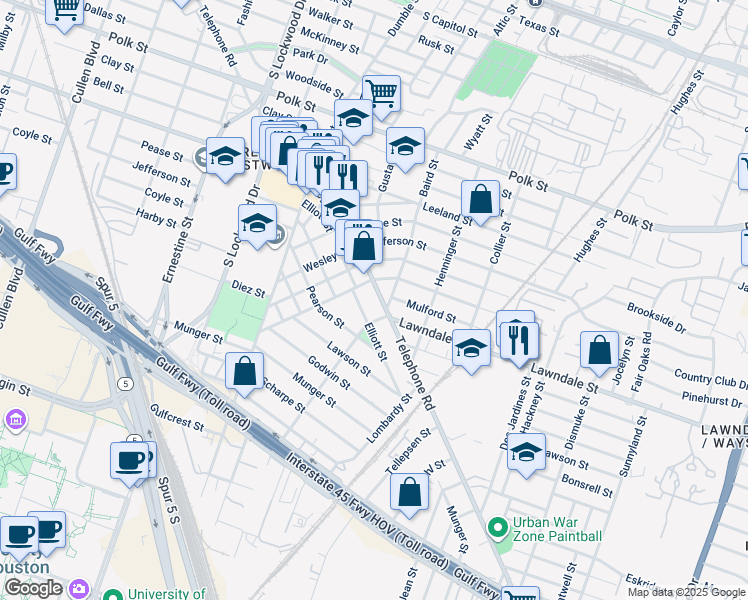 map of restaurants, bars, coffee shops, grocery stores, and more near 1417 Telephone Road in Houston