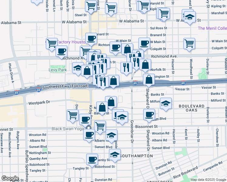 map of restaurants, bars, coffee shops, grocery stores, and more near 2321 Southwest Freeway Service Road in Houston