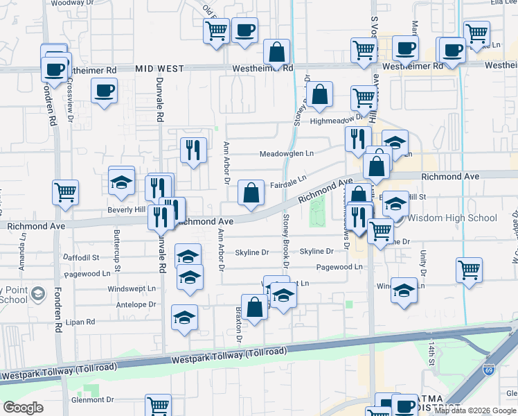 map of restaurants, bars, coffee shops, grocery stores, and more near 7902 Richmond Avenue in Houston