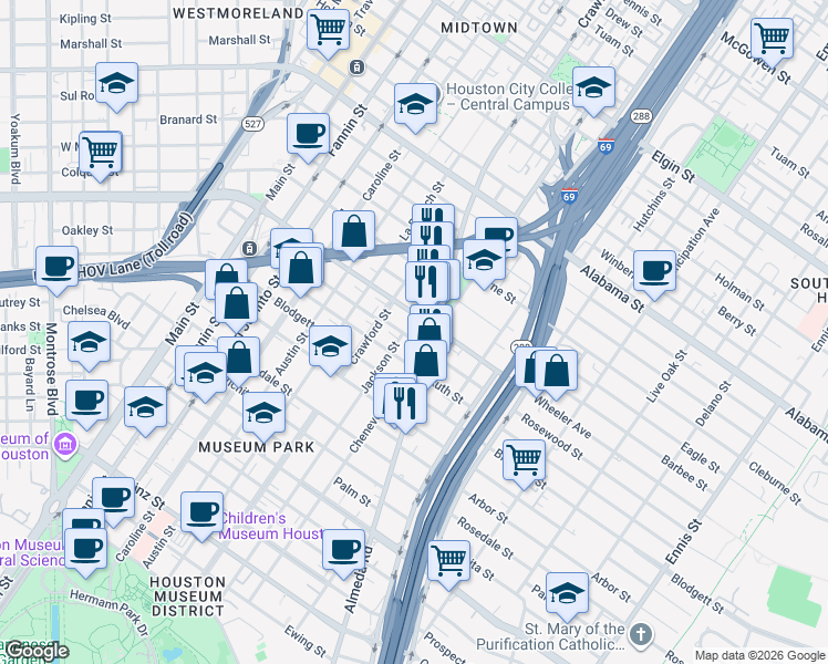 map of restaurants, bars, coffee shops, grocery stores, and more near 1615 Rosewood Street in Houston