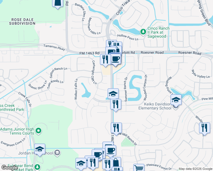map of restaurants, bars, coffee shops, grocery stores, and more near 27507 Wade Springs Court in Fulshear