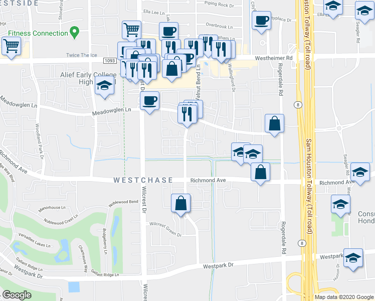 map of restaurants, bars, coffee shops, grocery stores, and more near 3085 Walnut Bend Lane in Houston