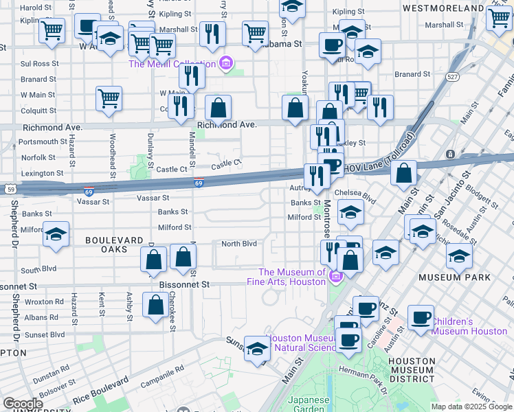 map of restaurants, bars, coffee shops, grocery stores, and more near 1308 Banks Street in Houston
