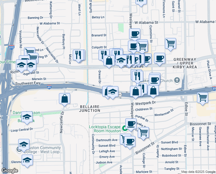map of restaurants, bars, coffee shops, grocery stores, and more near 4128 Southwest Freeway in Houston