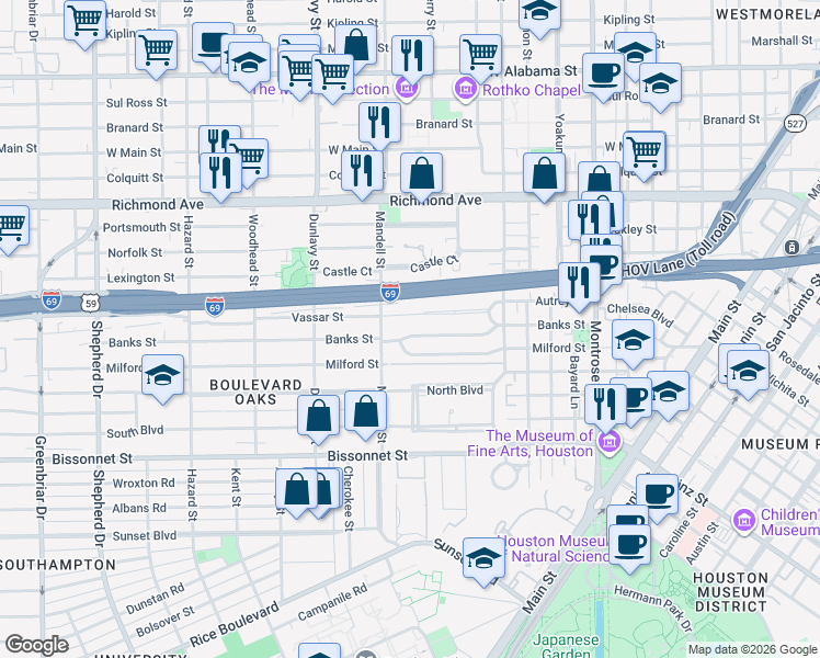 map of restaurants, bars, coffee shops, grocery stores, and more near 1514 Banks Street in Houston