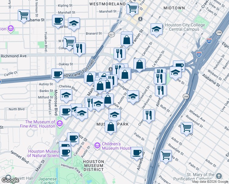map of restaurants, bars, coffee shops, grocery stores, and more near 4815 San Jacinto Street in Houston