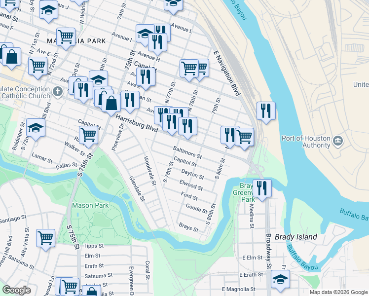 map of restaurants, bars, coffee shops, grocery stores, and more near 7807 Baltimore Street in Houston