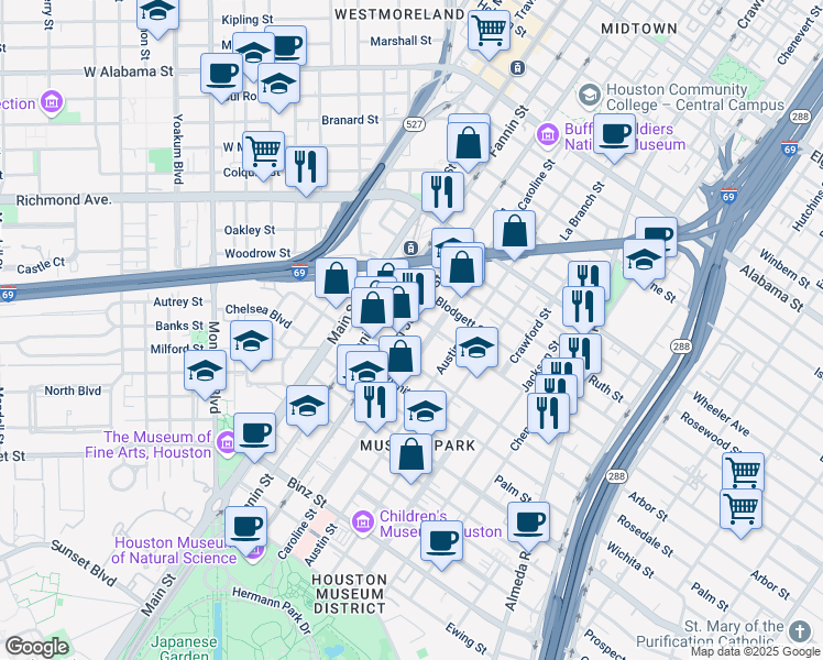 map of restaurants, bars, coffee shops, grocery stores, and more near 4815 San Jacinto Street in Houston
