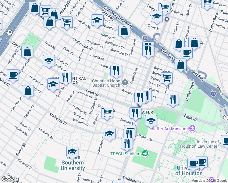 map of restaurants, bars, coffee shops, grocery stores, and more near 3343 Beulah Street in Houston