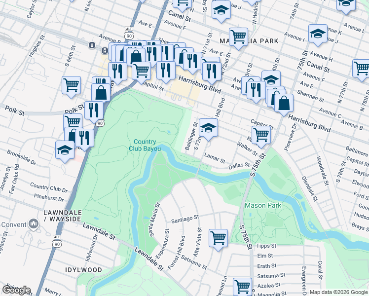 map of restaurants, bars, coffee shops, grocery stores, and more near 418 Baldinger Street in Houston