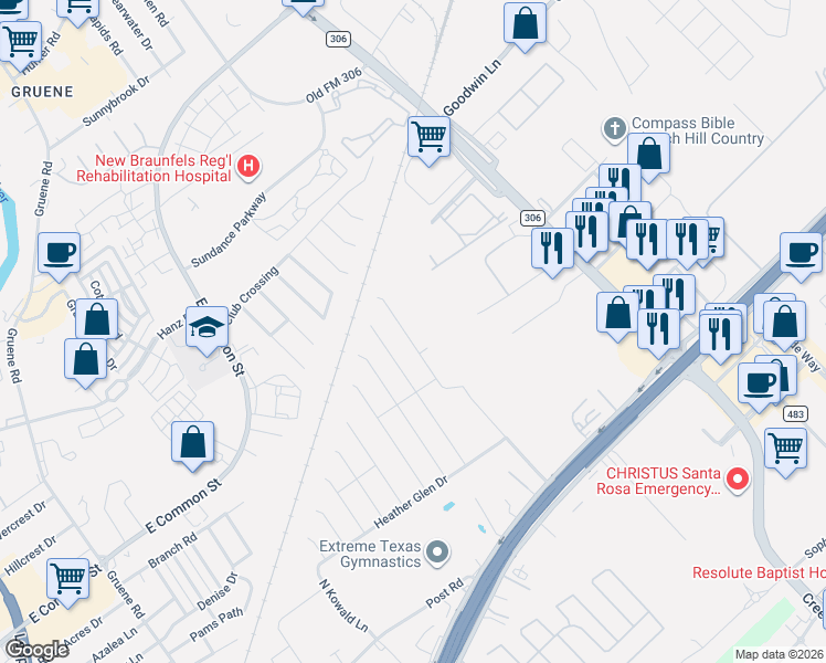 map of restaurants, bars, coffee shops, grocery stores, and more near 541 Summersweet Road in New Braunfels