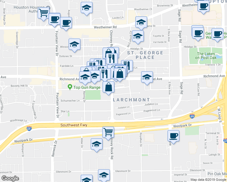 map of restaurants, bars, coffee shops, grocery stores, and more near 5597 Beverly Hill Street in Houston