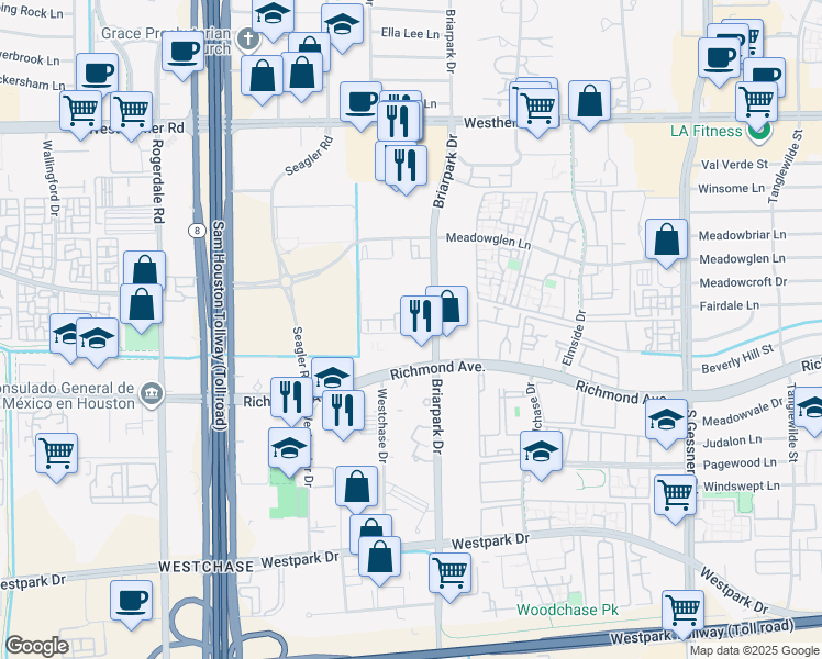 map of restaurants, bars, coffee shops, grocery stores, and more near 3219 Holly Meadow Drive in Houston