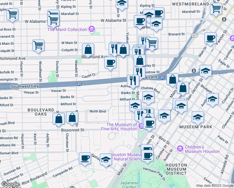 map of restaurants, bars, coffee shops, grocery stores, and more near 1201 Banks Street in Houston