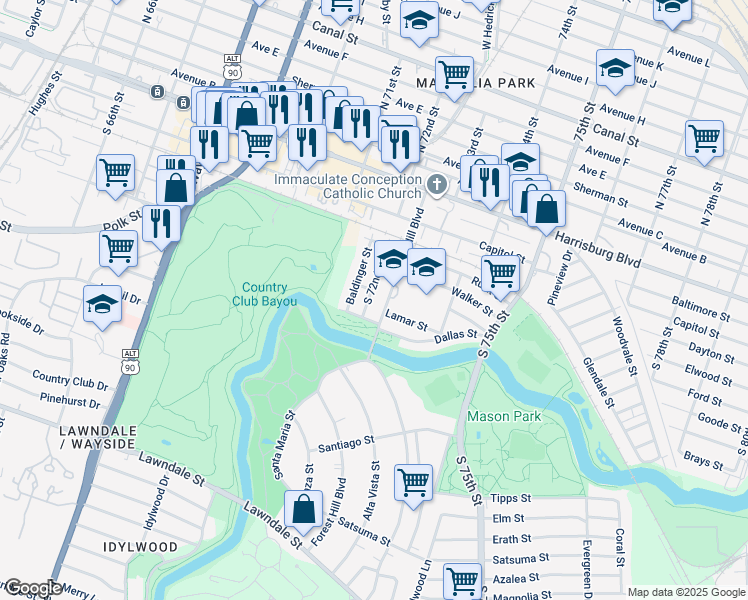 map of restaurants, bars, coffee shops, grocery stores, and more near 409 South 72nd Street in Houston