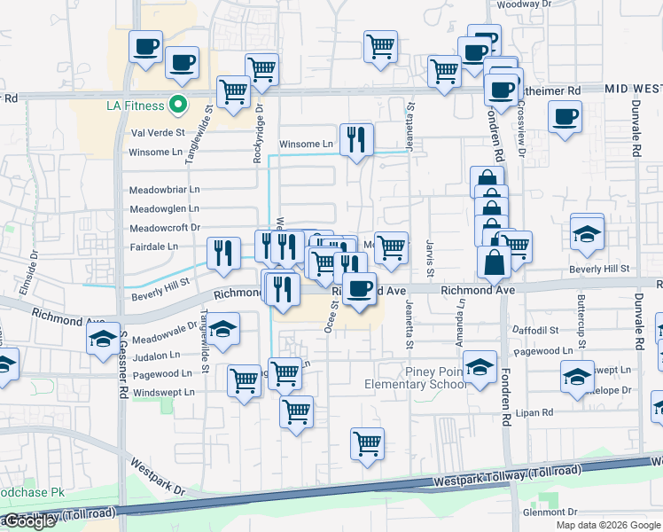 map of restaurants, bars, coffee shops, grocery stores, and more near 9303 Beverly Hill Street in Houston