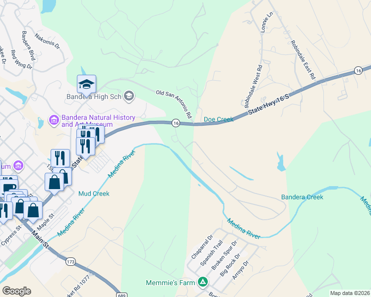 map of restaurants, bars, coffee shops, grocery stores, and more near 236 Enchanted River Drive in Bandera