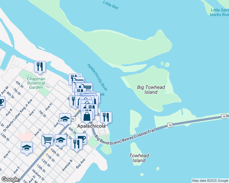 map of restaurants, bars, coffee shops, grocery stores, and more near in Apalachicola