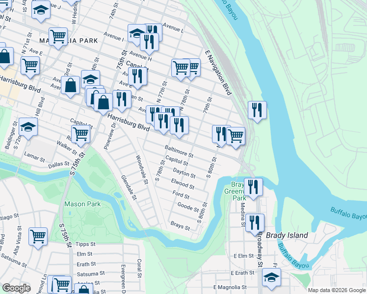 map of restaurants, bars, coffee shops, grocery stores, and more near in Houston