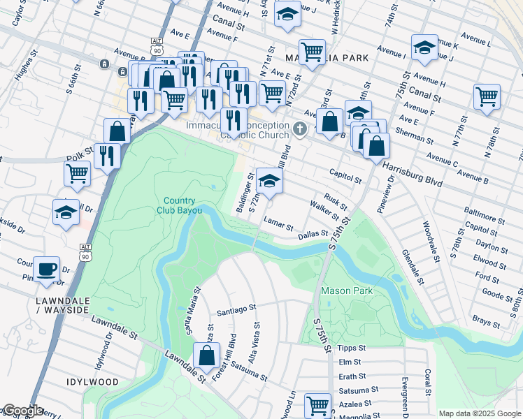 map of restaurants, bars, coffee shops, grocery stores, and more near 409 South 72nd Street in Houston