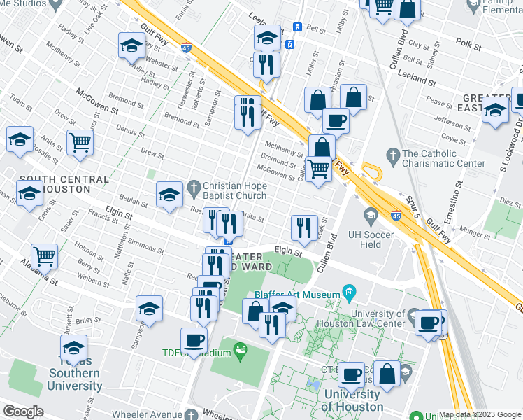 map of restaurants, bars, coffee shops, grocery stores, and more near 3618 Tuam Street in Houston