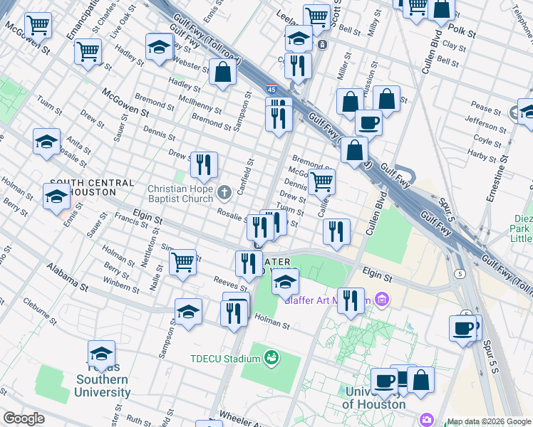map of restaurants, bars, coffee shops, grocery stores, and more near 3511 Anita Street in Houston