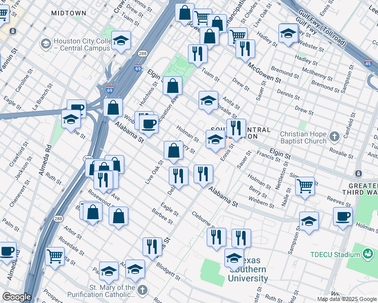 map of restaurants, bars, coffee shops, grocery stores, and more near 2716 Berry Street in Houston