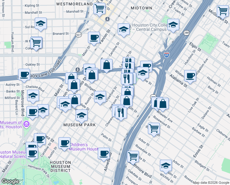 map of restaurants, bars, coffee shops, grocery stores, and more near 1615 Rosewood Street in Houston