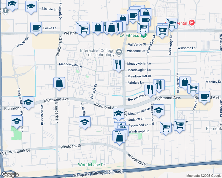 map of restaurants, bars, coffee shops, grocery stores, and more near 3230 South Gessner Road in Houston