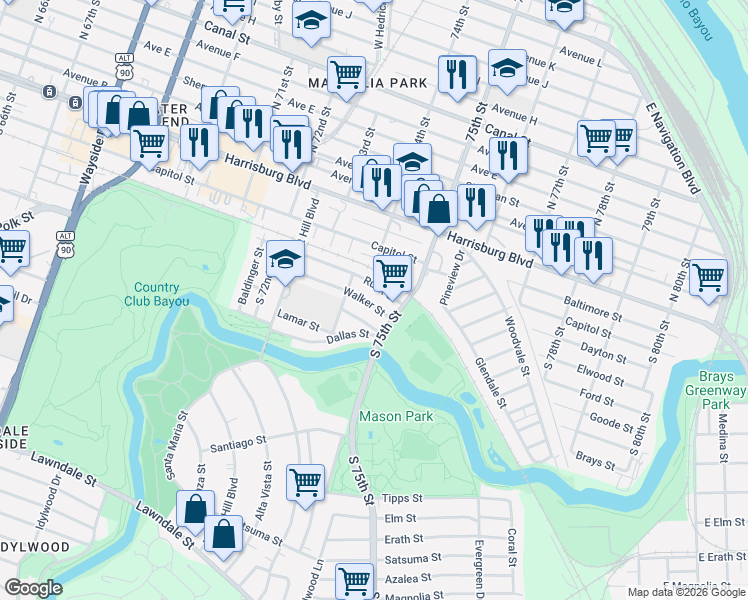 map of restaurants, bars, coffee shops, grocery stores, and more near 7427 Walker Street in Houston