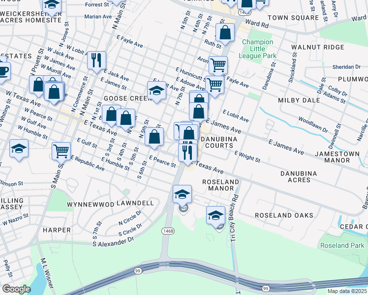 map of restaurants, bars, coffee shops, grocery stores, and more near 105 North Alexander Drive in Baytown