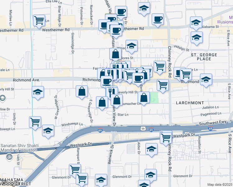 map of restaurants, bars, coffee shops, grocery stores, and more near 3333 Fountain View Drive in Houston