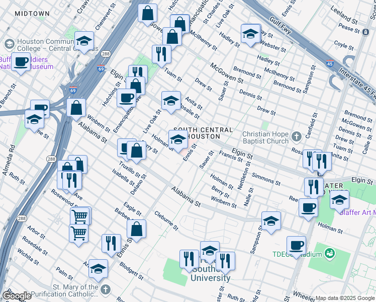 map of restaurants, bars, coffee shops, grocery stores, and more near 3402 Ennis Street in Houston