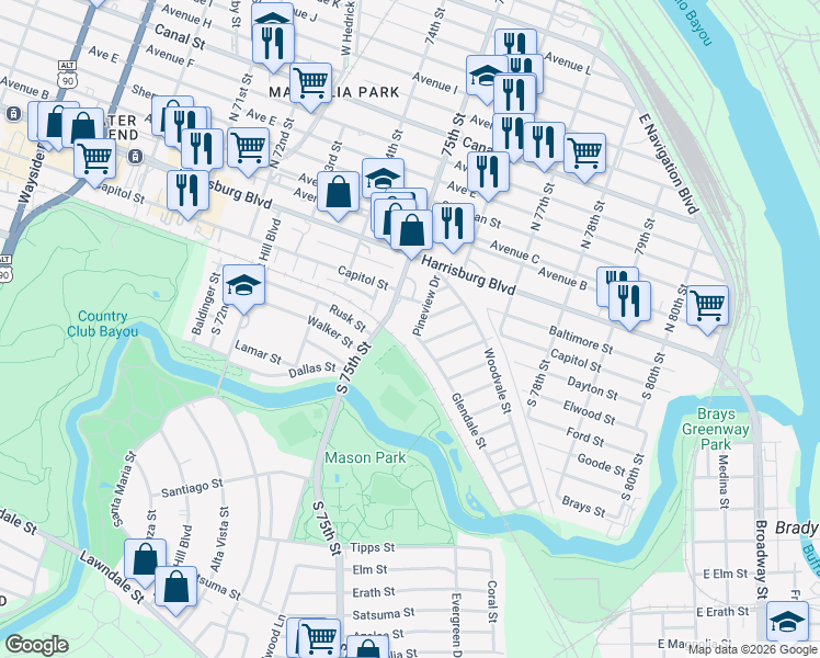 map of restaurants, bars, coffee shops, grocery stores, and more near 134 Pineview Drive in Houston
