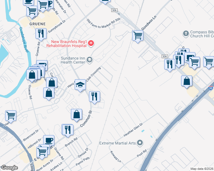 map of restaurants, bars, coffee shops, grocery stores, and more near 732 Willow Crossing in New Braunfels
