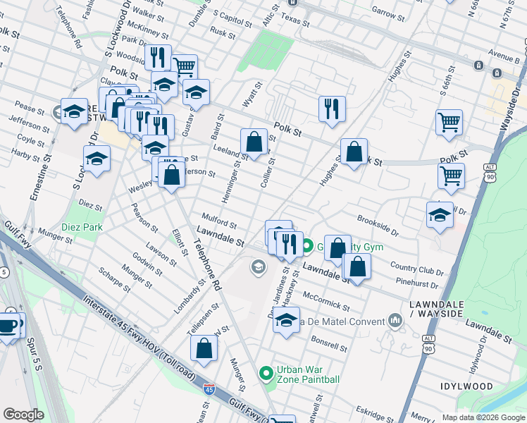 map of restaurants, bars, coffee shops, grocery stores, and more near 5310 Lindsay Street in Houston