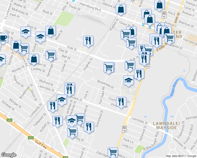 map of restaurants, bars, coffee shops, grocery stores, and more near 6315 Brookside Drive in Houston