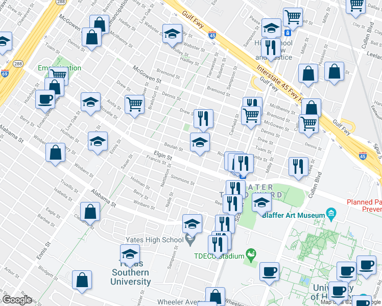 map of restaurants, bars, coffee shops, grocery stores, and more near Tierwester St & Beulah St in Houston